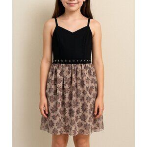 SALLY M Black Sleeveless Dress With Studded Waist & Floral Sheer Skirt